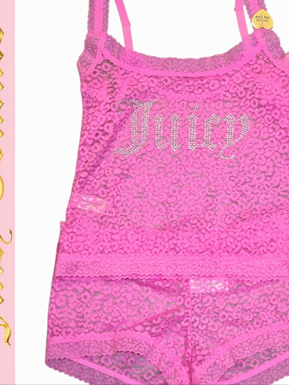 Juicy Couture‎ Rhinestone Logo Lace Cami & Shorts Set- Pink